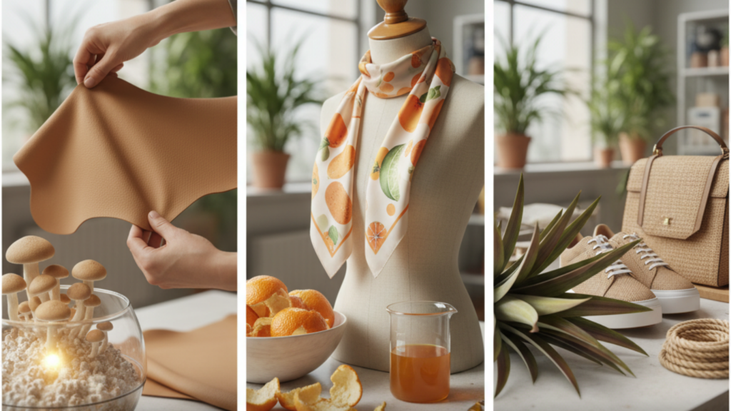 a fabric innovation photo of mycelium, orange peels and pineapple.