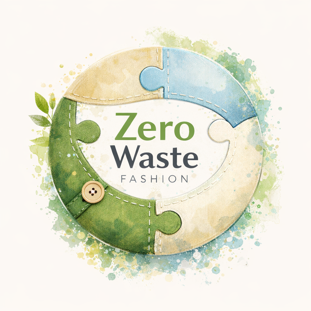 Abstract circular design symbolizing zero waste fashion, fabric patterns fitting seamlessly together with modern typography, representing sustainability in garment manufacturing.