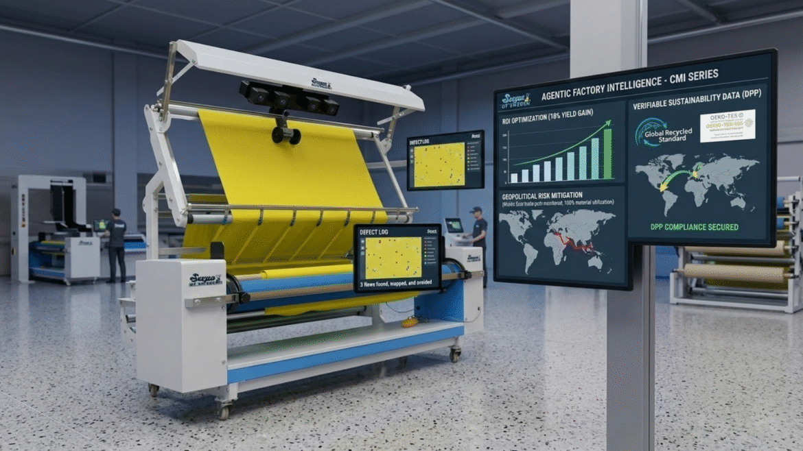 Svegea CMI-210R fabric inspection machine with photocell edge alignment for high-yield, zero-waste textile production.