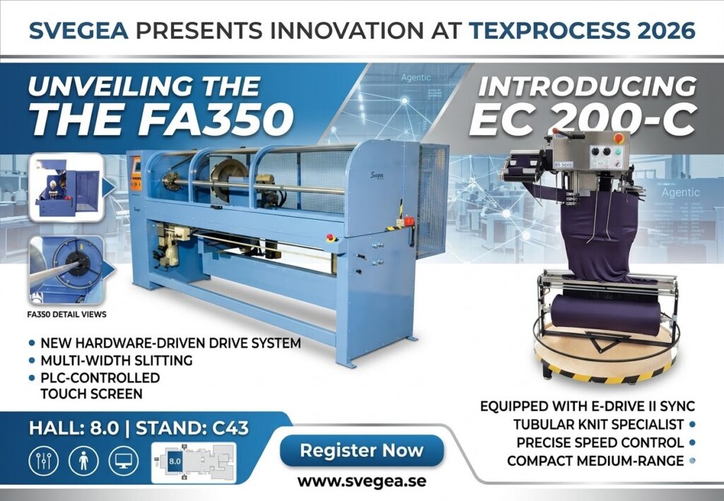 Svegea FA350 and EC 200-C textile cutting machines at Texprocess 2026 exhibition stand.