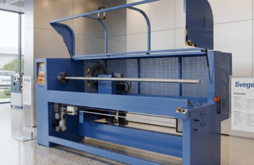 Strip Cutter FA 600 Semi-automatic and fully automatic fabric slitting machines side by side in a textile factory setting