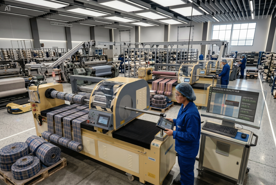 AI-powered textile cutting machine on a factory floor