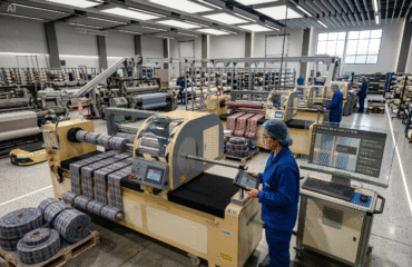 AI-powered textile cutting machine on a factory floor