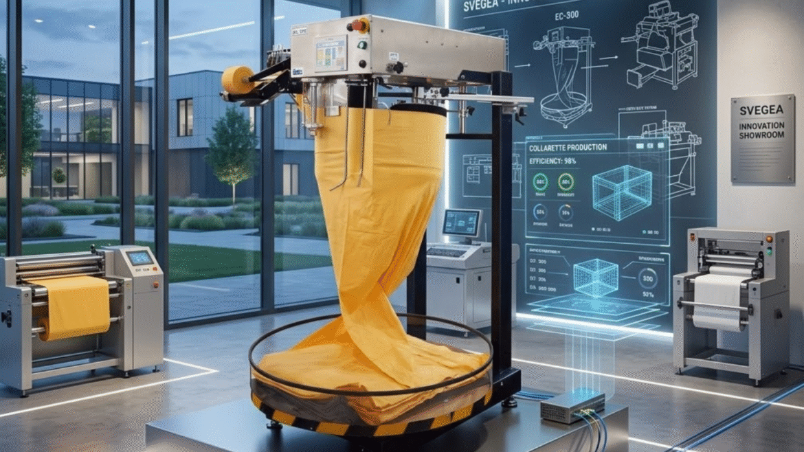 Futuristic smart factory floor featuring an automated collarette cutting machine with integrated digital PLC controls and tension synchronization systems.