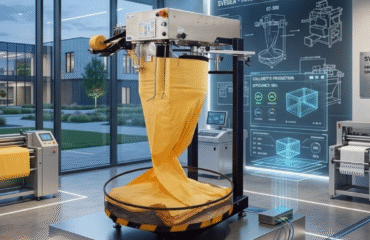 Futuristic smart factory floor featuring an automated collarette cutting machine with integrated digital PLC controls and tension synchronization systems.