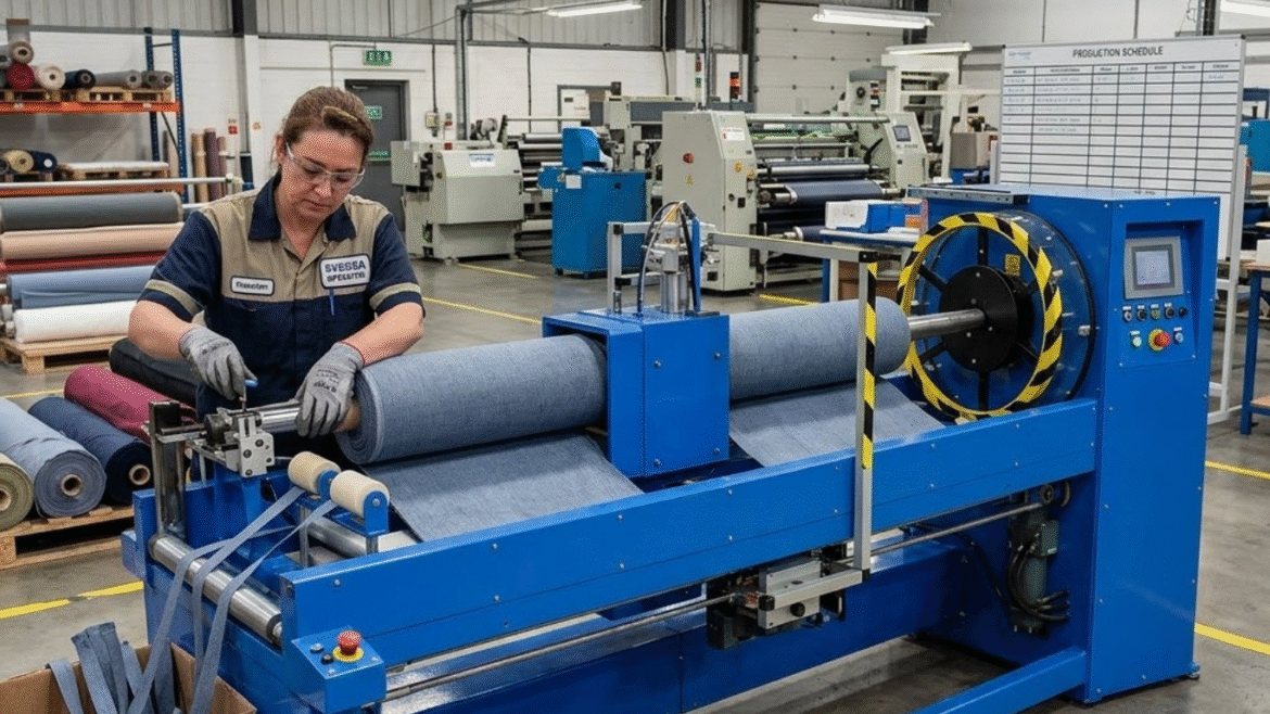 Operator adjusting a fabric roll slitting machine for a small batch run