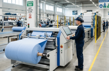 PLANT SAFETY Automated strip cutting machinery supporting factory plant safety and operator ergonomics.