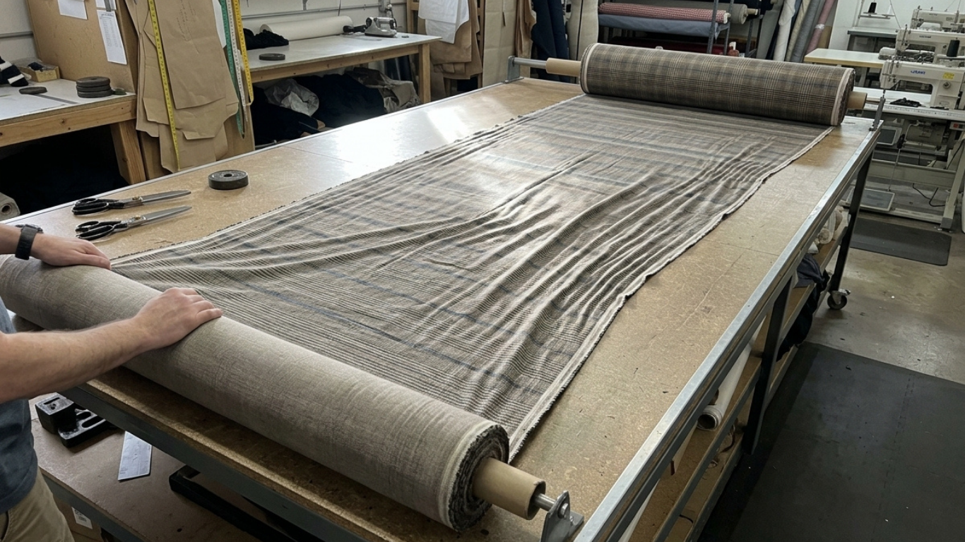 Fabric being rolled for relaxing machine to reduce fabric waste