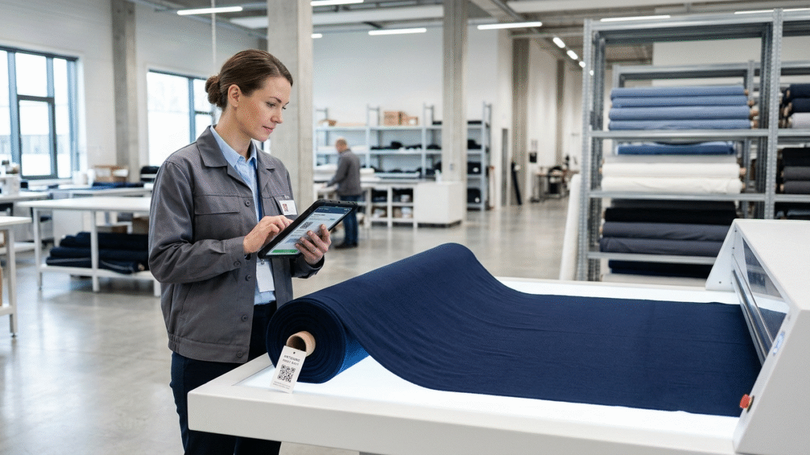 Garment factory team checking fabric roll data on a tablet to prepare for the digital product passport for textiles
