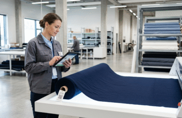 Garment factory team checking fabric roll data on a tablet to prepare for the digital product passport for textiles
