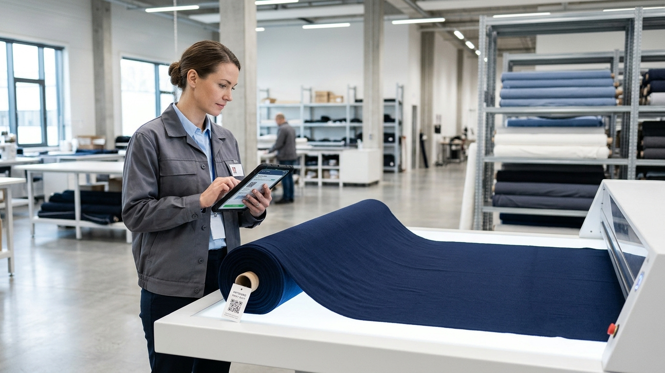 Garment factory team checking fabric roll data on a tablet to prepare for the digital product passport for textiles Garment factory team checking fabric roll data on a tablet to prepare for the digital product passport for textiles
