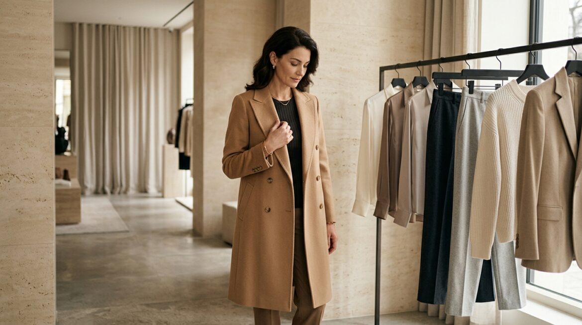 Quiet-luxury fashion with flawless camel cashmere coat, showing why luxury starts with fabric inspection